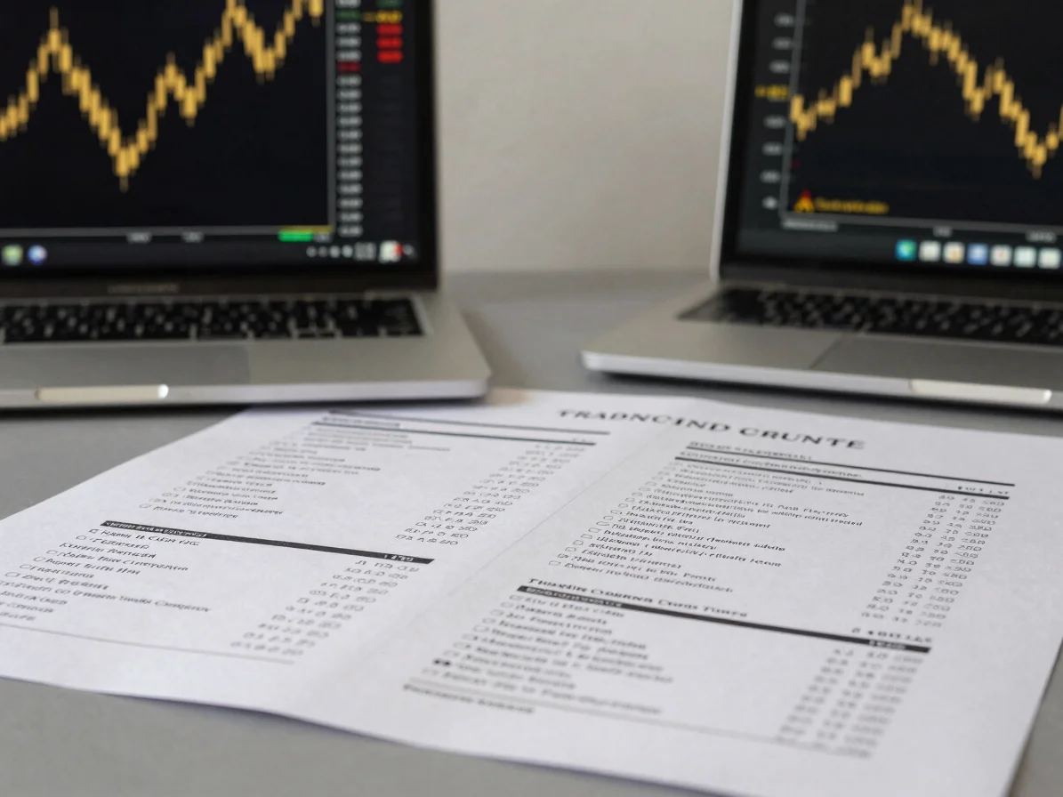 Restrained detail of printed trading course materials beside a la